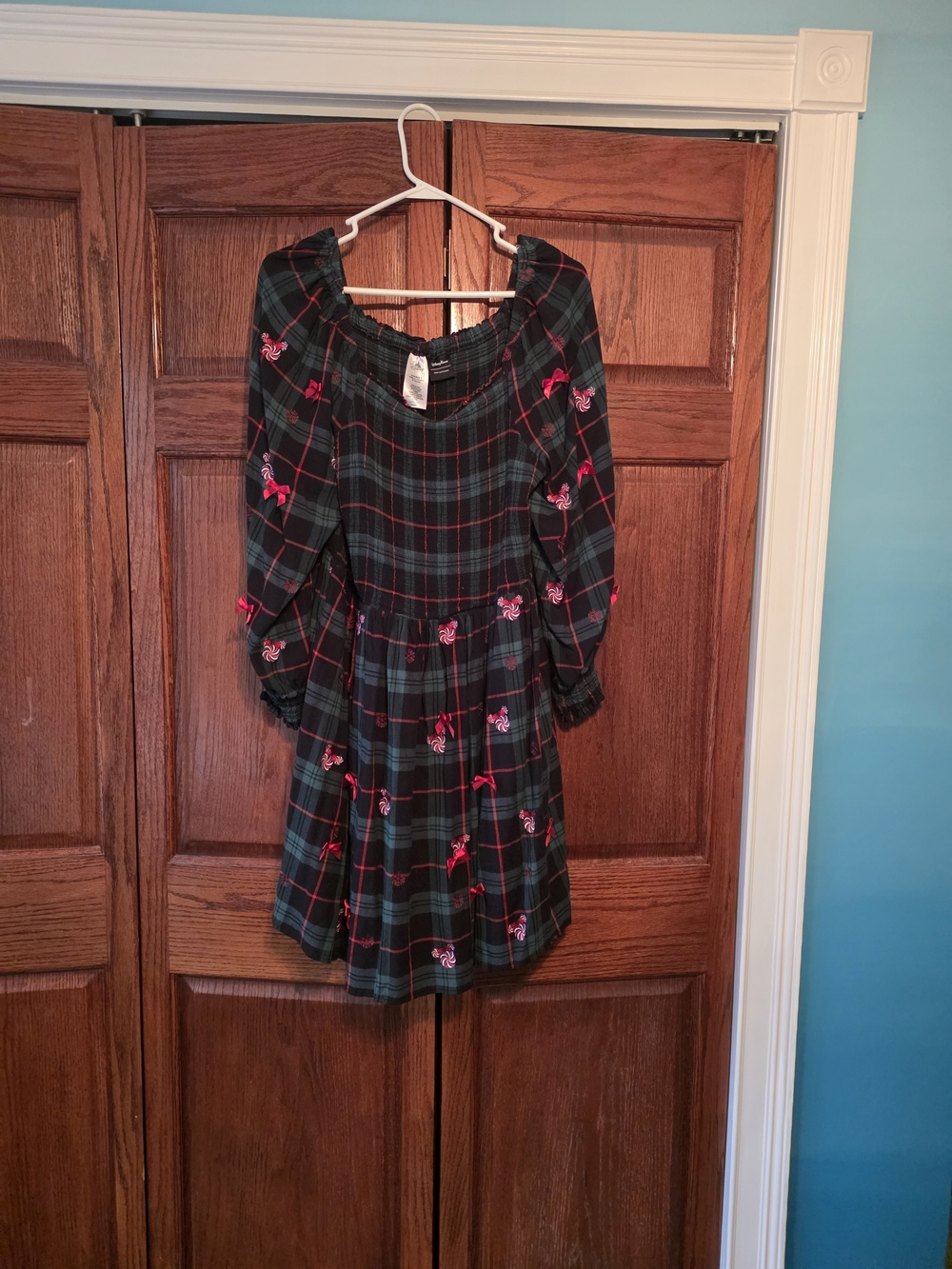 Her Universe Black and Green Plaid Dress with Pink Embroidery